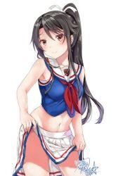 Rule 34 | 10s, 1girl, bare shoulders, black hair, blush, breasts, cheerleader, gleision adain, high school fleet, holding clothes, holding skirt, long hair, looking at viewer, medium breasts, munetani mashiro, navel, ponytail, red eyes, simple background, skirt, smile, solo, standing, thighs