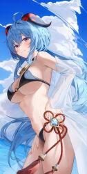 Rule 34 | 1girl, absurdres, ahoge, bell, bikini, blue hair, blue sky, breasts, chinese knot, cloud, day, from side, ganyu (genshin impact), genshin impact, goat horns, hand on own hip, highres, horns, k.j., large breasts, long hair, neck bell, ocean, off shoulder, outdoors, purple eyes, shirt, sideboob, sky, solo, swimsuit, tassel, thighs, underboob, very long hair, vision (genshin impact), white shirt