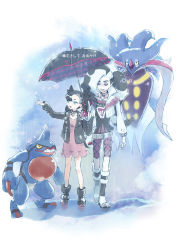 Rule 34 | 1boy, 1girl, ankle boots, asymmetrical bangs, belt, black footwear, black hair, black jacket, boots, brother and sister, commentary request, creatures (company), cropped jacket, dress, game freak, gen 4 pokemon, gen 6 pokemon, green eyes, gym leader, hair ribbon, highres, holding, holding umbrella, jacket, kagio (muinyakurumi), long hair, malamar, marnie (pokemon), multicolored hair, nintendo, open clothes, open jacket, outstretched arm, piers (pokemon), pink dress, pokemon, pokemon (creature), pokemon swsh, rain, red ribbon, ribbon, siblings, standing, toxicroak, two-tone hair, umbrella, white hair, white jacket
