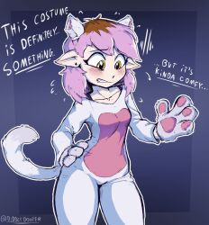 Rule 34 | 1girl, amity blight, animal costume, animal ears, animal hands, blush, breasts, brown hair, cat costume, cat ears, cat paws, cat tail, diddlydooter, english text, fake animal ears, fake tail, flustered, gloves, hand on own hip, highres, multicolored hair, paw gloves, pink hair, pointy ears, roots (hair), simple background, solo, standing, tail, the owl house, twitter username, two-tone hair, yellow eyes