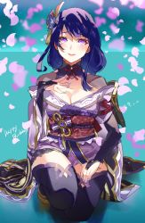 Rule 34 | 1girl, armor, black thighhighs, blue hair, blunt bangs, breasts, bridal gauntlets, bright pupils, cleavage, falling petals, flower, full body, genshin impact, gloves, hair flower, hair ornament, hand on own chest, happy birthday, highres, japanese clothes, kimono, large breasts, long hair, looking at viewer, mikuroron, mole, mole under eye, obi, on one knee, partially fingerless gloves, petals, purple eyes, purple kimono, raiden shogun, sash, short kimono, shoulder armor, smile, solo, thighhighs