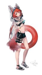Rule 34 | 1girl, alternate costume, animal ears, arknights, bandeau, bare legs, black choker, black footwear, black shorts, breasts, brown eyes, cape, choker, cleavage, commentary request, flametail (arknights), food, full body, highres, holding, holding food, holding swim ring, hood, hooded cape, innertube, long hair, looking at viewer, medium breasts, midriff, navel, open mouth, popsicle, red hair, see-through, shoes, short shorts, shorts, simple background, slox, sneakers, solo, squirrel ears, squirrel tail, standing, stomach, strapless, swim ring, tail, thigh strap, thighs, tongue, tongue out, tube top, very long hair, white background