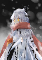 Rule 34 | 1girl, arknights, armband, blurry, blurry background, breasts, covered mouth, feather hair, female focus, guangnian, hair flaps, hand up, highres, jacket, long hair, long sleeves, looking to the side, medium breasts, ptilopsis (arknights), ptilopsis (elite ii) (arknights), red scarf, scarf, sleeves past wrists, snow, solo, standing, upper body, white hair, white jacket, wide sleeves, yellow eyes