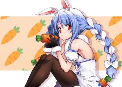 Rule 34 | 1girl, :t, absurdres, animal ear fluff, animal ears, arm cuffs, black gloves, black leotard, black pantyhose, blue hair, braid, breasts, carrot, carrot hair ornament, cleavage, closed mouth, commentary, don-chan (usada pekora), dress, eating, food, food-themed hair ornament, fur-trimmed gloves, fur scarf, fur trim, gloves, hair between eyes, hair ornament, hair ribbon, highres, holding, holding food, hololive, leotard, light blue hair, long hair, looking at viewer, medium breasts, multicolored hair, off-shoulder dress, off shoulder, orange background, pantyhose, patterned background, playboy bunny, pom pom (clothes), rabbit ears, red eyes, ribbon, simple background, sitting, solo, symbol-shaped pupils, symbol in eye, takahan, thick eyebrows, tress ribbon, twin braids, twintails, two-tone background, two-tone hair, usada pekora, usada pekora (1st costume), virtual youtuber, white background, white dress, white hair