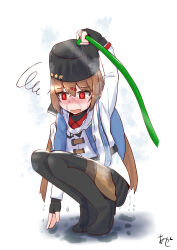 Rule 34 | 1girl, @ @, akashieru, belt, black belt, black bow, black footwear, black gloves, black hat, black skirt, blue shawl, boots, bow, brown hair, brown pantyhose, fingerless gloves, fur hat, gloves, hair bow, hat, highres, hose, jacket, kantai collection, long hair, low twintails, pantyhose, papakha, red eyes, scarf, shawl, skirt, solo, squatting, star (symbol), steam, tashkent (kancolle), thigh boots, torn clothes, torn scarf, twintails, wet, white jacket, white scarf
