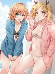 Rule 34 | 2girls, alternate costume, beach, bikini, black bikini, black eyes, black ribbon, blonde hair, blue eyes, blue jacket, blue sky, blush, breasts, cleavage, cloud, cloudy sky, commentary, covering privates, covering crotch, day, feet out of frame, front-tie bikini top, front-tie top, hair ornament, hair ribbon, hairclip, hand in pocket, highres, hood, hooded jacket, jacket, jacket tug, light brown hair, looking at viewer, medium breasts, medium hair, miyamori aoi, mole, mole under eye, multiple girls, navel, nervous smile, ocean, open clothes, open jacket, open mouth, outdoors, parted bangs, parted lips, partially unzipped, pink jacket, red hayao, ribbon, shirobako, short hair, side-tie bikini bottom, sky, small breasts, smile, standing, stomach, swimsuit, twintails, waving, white bikini, yano erika