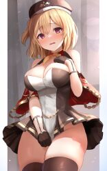 Rule 34 | 1girl, aiguillette, azur lane, bare shoulders, beret, black dress, black gloves, black hat, black thighhighs, blonde hair, blush, breasts, capelet, cleavage, commentary request, commission, covering crotch, covering privates, cowboy shot, dress, gloves, hair between eyes, hair bun, half gloves, hand on own chest, hat, highres, large breasts, leipzig (azur lane), looking at viewer, manda (manda9n), nose blush, open mouth, partial commentary, pixiv commission, pleated dress, purple eyes, red capelet, short hair, sidelocks, single hair bun, single side bun, skindentation, solo, standing, strapless, strapless dress, tears, thick thighs, thighhighs, thighs