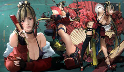 Rule 34 | 1girl, bare shoulders, bent over, black choker, black eyes, black hair, blonde hair, breasts, choker, cleavage, commentary, earrings, english commentary, fingerless gloves, gloves, green background, hand fan, high heels, highres, holding, holding fan, jewelry, joowon, kunai, large breasts, multicolored hair, multiple views, ninja, off shoulder, original, petals, ponytail, puffy cheeks, single thighhigh, smile, tassel, tassel earrings, thighhighs, two-tone hair, weapon