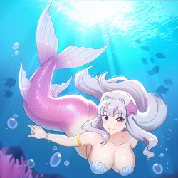 Rule 34 | 1girl, absurdres, ass, breasts, bubble, cleavage, fish, highres, idolmaster, idolmaster (classic), jewelry, kiria021, large breasts, long hair, looking at viewer, mermaid, monster girl, monsterification, shell, shell bikini, shijou takane, smile, solo, underwater