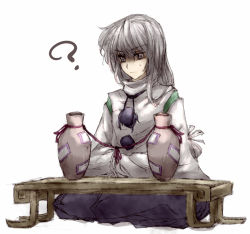 Rule 34 | 1girl, ?, androgynous, bad id, bad pixiv id, bottle, female focus, grey eyes, japanese clothes, jar, kariginu, mononobe no futo, rhapsode, silver hair, simple background, solo, table, touhou