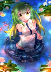 Rule 34 | 1girl, absurdres, animal, blue skirt, blurry, blurry background, breast hold, breasts, closed mouth, commentary, english commentary, fish, flower, frog, frog hair ornament, green hair, hair ornament, highres, kochiya sanae, large breasts, lily pad, long hair, looking at viewer, midriff, outdoors, skirt, snake hair ornament, solo, sparkle, standing, tears, touhou, wading, water, wet, wet clothes, wet hair, white flower, wing collar, xereane, yellow eyes