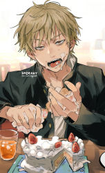 Rule 34 | 1boy, artist name, black jacket, blonde hair, cake, chainsaw man, denji (chainsaw man), eating, food, food on face, food on hand, fruit, half-closed eyes, jacket, juice, kadeart, looking at viewer, male focus, messy, messy hair, open clothes, restaurant, school uniform, sharp teeth, short hair, simple background, sitting, solo, strawberry, strawberry shortcake, table, teeth, tongue, tongue out