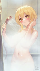 Rule 34 | 1girl, blonde hair, blush, breasts, censored nipples, collarbone, completely nude, convenient censoring, fukuro daizi, genshin impact, hair between eyes, hand in own hair, highres, holding, holding shower head, indoors, large breasts, looking at viewer, lumine (genshin impact), medium hair, navel, nipples, nude, parted lips, shower head, showering, solo, steam, steam censor, tile wall, tiles, wet, yellow eyes