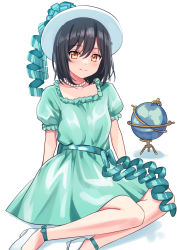 Rule 34 | arm support, black hair, bow, collarbone, commentary request, deadnooodles, dot nose, dress, eyelashes, globe, green bow, green dress, hair between eyes, hat, highres, jewelry, legs, light blush, looking at viewer, love live!, love live! nijigasaki high school idol club, mifune shioriko, necklace, on floor, pearl necklace, puffy short sleeves, puffy sleeves, ribbed hat, shoes, short hair, short sleeves, smile, waist bow, white background, white footwear, white headwear, yellow eyes