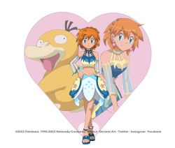 Rule 34 | 1girl, absurdres, aqua eyes, bare shoulders, blush, breasts, closed mouth, creatures (company), detached sleeves, earrings, eyelashes, game freak, gen 1 pokemon, green eyes, highres, jewelry, looking at viewer, misty (pokemon), misty (sygna suit) (pokemon), navel, neica, nintendo, official alternate costume, orange hair, pokemon, pokemon masters ex, psyduck, shirt, short hair, skirt, smile, solo