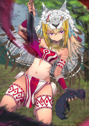 Rule 34 | 1girl, absurdres, animal hat, armband, bags under eyes, blonde hair, blood, bodypaint, breasts, facepaint, female focus, grass, hat, headdress, highres, holding, holding knife, holding weapon, izayoi cha, jewelry, knife, legband, looking at viewer, midriff, monster, navel, original, outdoors, pelvic curtain, purple eyes, reverse grip, serious, small breasts, solo, strapless, tribal, tube top, weapon