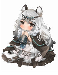 Rule 34 | 1girl, absurdres, animal ear fluff, animal ears, arknights, bell, black cape, black footwear, blush, boots, brown eyes, cape, chibi, dress, fringe trim, full body, fur-trimmed boots, fur trim, grey background, grey thighhighs, hair between eyes, highres, holding, holding bell, leopard ears, leopard girl, leopard tail, parted lips, pramanix (arknights), simple background, solo, standing, tail, takumi mizuki, thick eyebrows, thighhighs, thighhighs under boots, turtleneck, white dress