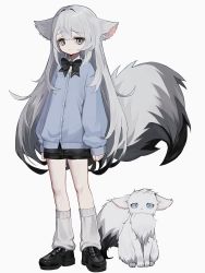 Rule 34 | 1girl, animal ear fluff, animal ears, black footwear, black shorts, clothing request, commentary, copyright request, fox, fox ears, fox tail, frown, grey eyes, grey hair, grey tail, highres, leg warmers, long hair, long sleeves, platform footwear, short shorts, shorts, shou (mori boro), simple background, sleeves past wrists, solo, symbol-only commentary, tail, very long hair, white background