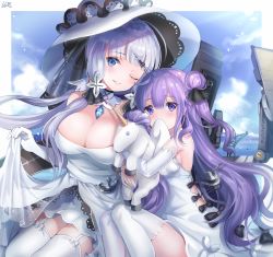 Rule 34 | 2girls, ;), ahoge, azur lane, bad id, bad pixiv id, bare shoulders, black ribbon, blue blood moon, blue eyes, blue sky, blush, bow, breasts, cleavage, cloud, covered mouth, dress, elbow gloves, garter straps, gloves, hair bun, hair ornament, hair ribbon, hat, highres, illustrious (azur lane), lace trim, large breasts, long hair, looking at viewer, mole, mole under eye, multiple girls, hugging object, one eye closed, outdoors, parted lips, purple eyes, purple hair, ribbon, rigging, side bun, single hair bun, single side bun, sitting, sky, smile, strapless, strapless dress, stuffed animal, stuffed toy, stuffed unicorn, sun hat, thighhighs, unicorn (azur lane), very long hair, white dress, white gloves, white hair, white headwear, white legwear