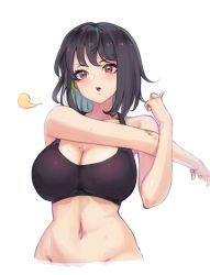 Rule 34 | black hair, black sports bra, blush, borrowed character, breasts, brown eyes, colored inner hair, eyebrows hidden by hair, green hair, highres, large breasts, miru (ormille), mole, mole on breast, multicolored hair, open mouth, original, ritence, sports bra, stretching, upper body, v-shaped eyebrows, white background