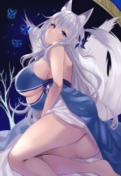Rule 34 | 1girl, animal ear fluff, animal ears, ass, azur lane, bare arms, bare shoulders, blue dress, blue eyes, blush, breasts, bug, butterfly, dress, fox ears, fox girl, fox tail, grey hair, hair ornament, highres, insect, large breasts, long hair, looking at viewer, mole, mole under eye, official alternate costume, shinano (azur lane), shinano (dreams of the hazy moon) (azur lane), solo, tail, thighs, wee (weeyy)