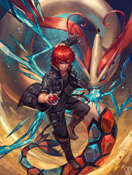 Rule 34 | 1boy, black shirt, blue eyes, boots, brown footwear, closed mouth, creatures (company), game freak, gen 3 pokemon, highres, holding, holding poke ball, ice, jacket, looking at viewer, male focus, milotic, nintendo, open clothes, open jacket, original, poke ball, poke ball (basic), pokemon, pokemon (creature), red hair, sa-dui, shirt, signature