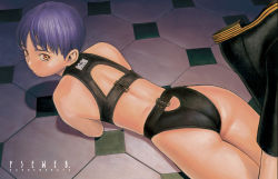 Rule 34 | 1girl, amputee, arm support, armless amputee, artist name, ass, back, bikini, black bikini, black footwear, boots, double amputee, feet up, from above, from behind, indoors, looking at viewer, looking back, lying, midriff, murata range, no arms, on floor, on stomach, orange eyes, original, purple hair, short hair, solo, swimsuit, tile floor, tiles