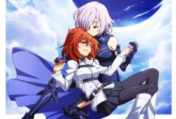 Rule 34 | 2girls, armor, bare shoulders, belt, black pantyhose, black skirt, black thighhighs, boots, closed eyes, cloud, cloudy sky, day, detached sleeves, fate/grand order, fate (series), fujimaru ritsuka (female), gloves, hair over one eye, happy tears, holding hands, knee boots, long sleeves, mash kyrielight, multiple girls, oiun, open mouth, orange hair, pantyhose, pleated skirt, purple hair, shirt, short hair, sitting, skirt, sky, smile, tears, thighhighs, white footwear, white shirt, yuri