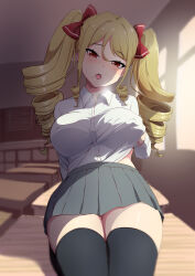 Rule 34 | 1girl, absurdres, blonde hair, blush, bra visible through clothes, brown eyes, ceiling, classroom, collared shirt, commentary request, desk, drill hair, grabbing own breast, grey skirt, hair between eyes, hair ribbon, highres, kneeling, long hair, looking at viewer, mole, on desk, open mouth, original, pleated skirt, ribbon, ringlets, sakamata (sakamata4), school desk, school uniform, shirt, skirt, solo, thighhighs, twin drills, white shirt, window, zettai ryouiki