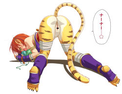 Rule 34 | 1girl, ass, bar censor, bottomless, breath of fire, breath of fire ii, capcom, censored, facial mark, fang, female focus, fingerless gloves, from behind, gloves, green eyes, highres, hirama, looking back, monster girl, open mouth, pussy, red hair, rinpoo chuan, simple background, slit pupils, solo, tail, tiger tail, toeless footwear, top-down bottom-up, whisker markings, white background, yarn, yarn ball