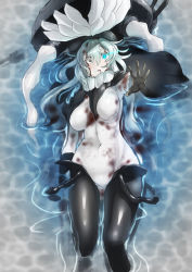 Rule 34 | 1girl, abyssal ship, black cape, black gloves, black legwear, blood, blood from mouth, blood on face, blood on clothes, blue eyes, bodysuit, cannon, cape, colored skin, covered navel, crying, crying with eyes open, gloves, glowing, glowing eyes, headgear, highres, kantai collection, konoshige (ryuun), long hair, looking at viewer, lying, on back, outstretched arm, pale skin, partially submerged, solo, tears, teeth, tentacles, turret, white bodysuit, white hair, white skin, wo-class aircraft carrier