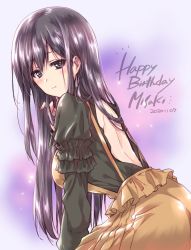 Rule 34 | 1girl, alice gear aegis, backless outfit, black hair, black shirt, brown dress, character name, closed eyes, commentary, dated, dress, english text, frilled dress, frills, from side, hand in own hair, happy birthday, highres, kagome misaki, kuroi mimei, leaning forward, long hair, long sleeves, looking at viewer, mole, mole under eye, notice lines, purple eyes, shirt, sitting, smile, solo