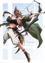 Rule 34 | 1girl, absurdres, animal ears, arknights, bow, bow (weapon), breasts, brown hair, coat, crop top, green coat, green eyes, hair between eyes, highres, holding, horse ears, large bow, large breasts, long hair, long sleeves, meteor (arknights), midriff, open clothes, pants, renkon logistics, simple background, solo, stomach, weapon