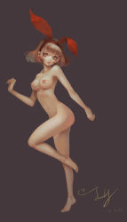 Rule 34 | 10s, 1girl, 2012, animal ears, bob cut, bow, breasts, brown hair, collarbone, dated, earrings, feet, from side, full body, groin, hairband, highres, jewelry, jiujiuyatou (yayanzz), navel, nipples, nude, original, parted lips, rabbit ears, red bow, short hair, signature, simple background, solo, standing, standing on one leg, stomach, tiptoes
