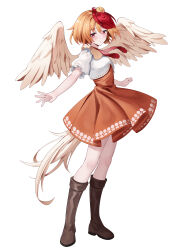 Rule 34 | 1girl, absurdres, ailu elf, animal, animal on head, bird, bird on head, bird tail, bird wings, blonde hair, blush, boots, brown footwear, chick, closed mouth, dress, feathered wings, full body, highres, knee boots, multicolored hair, niwatari kutaka, on head, orange dress, red eyes, red hair, short hair, short sleeves, simple background, solo, tail, touhou, two-tone hair, white background, wings, yellow wings