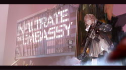Rule 34 | 1girl, artist name, assault rifle, asymmetrical legwear, black gloves, black legwear, blue eyes, blurry, brown hair, container, crossover, depth of field, dress, fingerless gloves, girls&#039; frontline, gloves, gun, hiding, highres, holding, holding gun, holding weapon, jacket, letterboxed, lin+, long hair, long sleeves, outdoors, parted lips, rifle, signature, smoke, solo, st ar-15 (girls&#039; frontline), standing, thigh strap, tom clancy&#039;s the division, trigger discipline, uneven legwear, weapon, weapon request, white dress