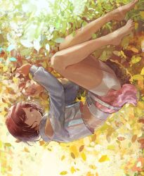 Rule 34 | 1girl, abstract background, bare legs, barefoot, belt, bike shorts, brown hair, commentary request, fetal position, hai bokusha, hair ornament, hairclip, highres, higuchi madoka, idolmaster, idolmaster shiny colors, knee up, leaf, long sleeves, looking away, lying, multicolored background, on back, pink eyes, pink nails, short hair, solo, swept bangs