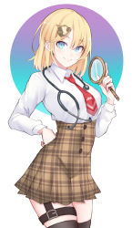 Rule 34 | 1girl, absurdres, black thighhighs, blonde hair, blouse, blue eyes, breasts, buttons, hair between eyes, hair ornament, hand on own hip, highres, holding, holding magnifying glass, hololive, hololive english, looking at viewer, magnifying glass, medium breasts, medium hair, necktie, plaid, plaid skirt, red neckwear, shirt, skirt, smile, standing, stethoscope, thigh strap, thighhighs, virtual youtuber, vuxer, watson amelia, watson amelia (1st costume), white shirt, zettai ryouiki