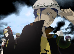 Rule 34 | 4boys, bear, bepo, blue hair, blue sky, cabbie hat, cloud, earflap hat, earrings, facial hair, goatee, hand on headwear, hat, hat pompom, headband, heart pirates, highres, jacket, jewelry, jolly roger, jumpsuit, looking at viewer, male focus, multiple boys, one piece, outdoors, penguin (one piece), pirate, sheath, sheathed, shirt, sky, smoking, tattoo, trafalgar law, yellow shirt