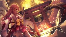 Rule 34 | 1girl, absurdres, ahoge, ark survival evolved, bell, bow, breasts, cloud, cloudy sky, commentary, cowboy shot, detached sleeves, dragon, fireworks, floral print, green eyes, gun, handgun, highres, hip vent, holding, holding gun, holding weapon, hololive, long hair, looking at viewer, medium breasts, miniskirt, monster, namako (namacotan), nontraditional miko, open mouth, outdoors, outstretched arm, pink hair, red skirt, sakura miko, sakura miko (1st costume), sideboob, skirt, sky, smile, solo, thighhighs, thighs, torii, virtual youtuber, weapon, white thighhighs, wide sleeves, yellow bow