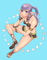 Rule 34 | 1girl, armlet, bare shoulders, bikini, black bikini, blue eyes, breasts, brown footwear, cactus41747280, cleavage, closed mouth, collarbone, crossed bangs, elf, elvaan, final fantasy, final fantasy xi, frilled bikini, frills, frown, full body, hand on own face, hand up, highres, jewelry, light blue background, light purple hair, nail polish, navel, neck ring, pointy ears, ponytail, prishe, purple nails, sandals, seashell, shell, simple background, sitting, small breasts, solo, swimsuit, thighlet, toenail polish, toenails
