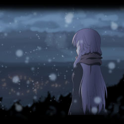 Rule 34 | 1girl, back turned, blurry, cato (monocatienus), depth of field, from behind, hata no kokoro, letterboxed, long hair, night, no mask, pink hair, scarf, snow, solo, touhou, winter clothes