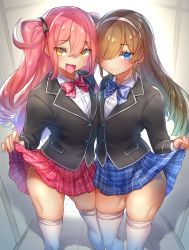 Rule 34 | 2boys, blue eyes, blush, brown hair, clothes lift, crossdressing, hair over one eye, lifted by self, long hair, looking at viewer, male focus, multiple boys, open mouth, original, pink hair, pokoten (pokoten718), skirt, skirt lift, smile, thighhighs, trap, twintails, yellow eyes