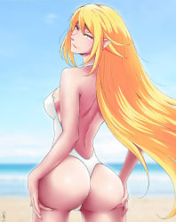 Rule 34 | 10s, 1girl, absurdres, alternate breast size, ass, ass grab, backless outfit, beach, blonde hair, breasts, covered erect nipples, day, grabbing own ass, highres, j adsen, kiss-shot acerola-orion heart-under-blade, kizumonogatari, large breasts, long hair, monogatari (series), one-piece swimsuit, oshino shinobu, outdoors, pointy ears, shoulder blades, slit pupils, smile, solo, swimsuit, very long hair, water, yellow eyes