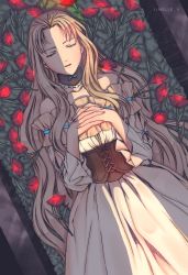 Rule 34 | 1girl, absurdly long hair, artist name, bare shoulders, blonde hair, choker, chrno crusade, closed eyes, closed mouth, coffin, corset, death, dress, flower, from above, glowing, gown, highres, interlocked fingers, linelle v, long hair, lying, mary magdalene (chrono crusade), parted bangs, red flower, solo, very long hair, watermark, wavy hair, white dress, wide sleeves