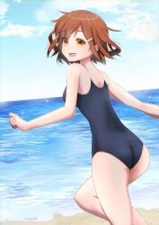 Rule 34 | 1girl, ass, beach, blue one-piece swimsuit, blue sky, breasts, brown hair, cloud, cloudy sky, day, hair ornament, hairclip, ikazuchi (kancolle), kantai collection, kimura shiki, medium breasts, new school swimsuit, ocean, one-piece swimsuit, open mouth, outdoors, sand, school swimsuit, short hair, sky, solo, swimsuit