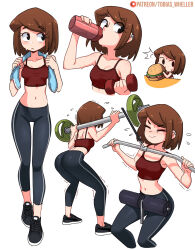 Rule 34 | 1girl, ^^^, absurdres, artist name, ass, averting eyes, barbell, bare shoulders, black eyes, black footwear, black pants, blush, bob cut, bottle, breasts, brown hair, burger, cassie (tobias wheller), chibi, cleavage, closed eyes, closed mouth, drink, drinking, dumbbell, eating, embarrassed, exercising, exercise machine, exercising, flying sweatdrops, food, from behind, highres, holding, holding bottle, holding drink, holding food, looking at viewer, looking to the side, midriff, multiple views, navel, no socks, original, paid reward available, pants, patreon logo, patreon username, red sports bra, sesame seeds, shoes, short hair, shoulder blades, simple background, single vertical stripe, small breasts, sneakers, solo focus, spandex, sports bra, sweat, sweatdrop, table, thigh gap, tobias wheller, towel, towel around neck, trembling, v-shaped eyebrows, walking, water bottle, weightlifting, white background