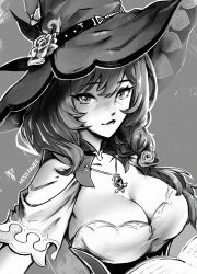 Rule 34 | 1girl, artist name, breasts, cleavage, cowboy shot, dress, flower, genshin impact, hair between eyes, hair flower, hair ornament, hat, jewelry, lisa (genshin impact), long hair, looking at viewer, miss faves, monochrome, rose, smile, vision (genshin impact), witch, witch hat