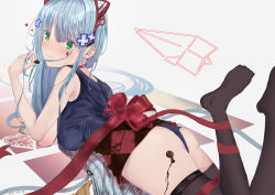 Rule 34 | 1girl, absurdres, animal ears, artist name, ass, bad id, bad pixiv id, black thighhighs, blue hair, blue one-piece swimsuit, blush, chocolate, choker, closed mouth, crossed bangs, dated, fake animal ears, food, girls&#039; frontline, green eyes, hand in own hair, highres, hk416 (girls&#039; frontline), holding, holding chocolate, holding food, long hair, looking at viewer, lying, no shoes, on stomach, one-piece swimsuit, red choker, red ribbon, ribbon, school swimsuit, simple background, smile, solo, soranagi (una123), swimsuit, teardrop facial mark, teardrop tattoo, thighhighs