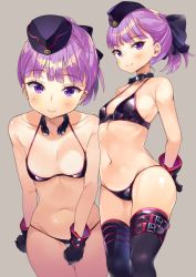 Rule 34 | 1girl, areola slip, bare arms, bare shoulders, belt, bikini, black bikini, black gloves, black ribbon, black thighhighs, breasts, closed mouth, collarbone, fate/grand order, fate (series), gloves, hair ribbon, halterneck, hat, helena blavatsky (fate), helena blavatsky (swimsuit archer) (fate), helena blavatsky (swimsuit archer) (third ascension) (fate), highres, looking at viewer, mini hat, mirei, multiple views, navel, purple eyes, purple hair, ribbon, short hair, simple background, small breasts, smile, swimsuit, thigh gap, thighhighs